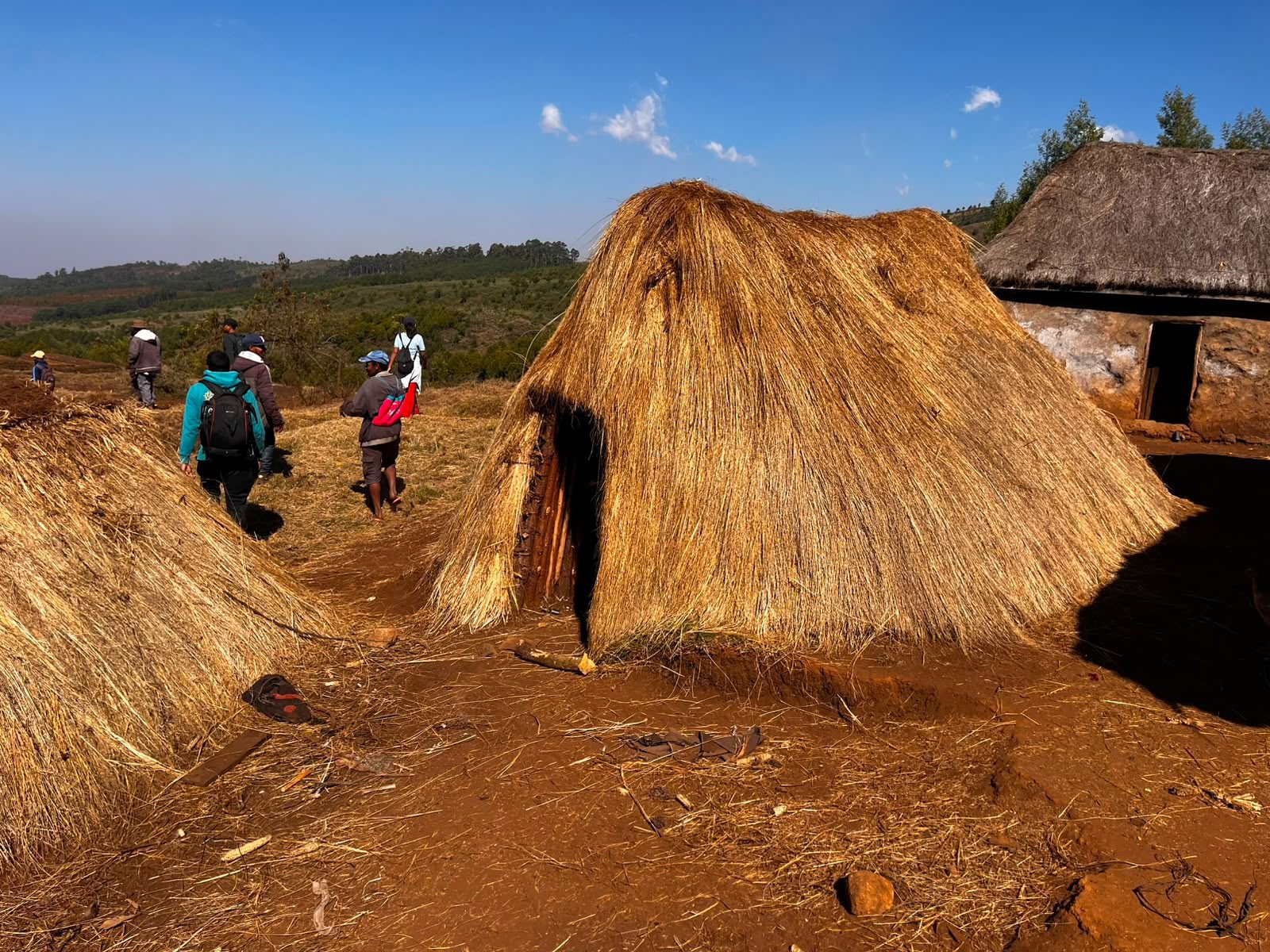 Habitations en chaume dans un village autour de l'Ankaratra